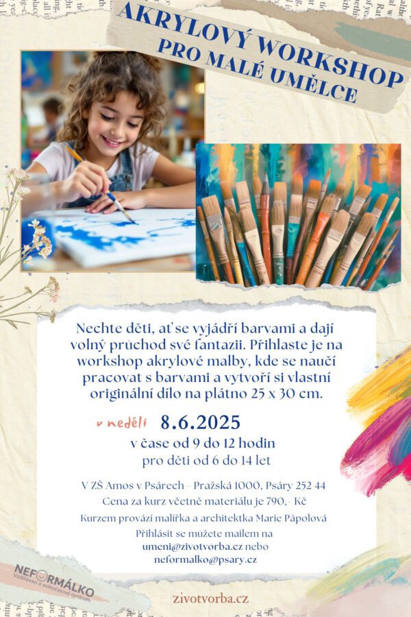 Akrylový workshop pro malé umělce v neděli 8.6.2025 od 9:00 do 12:00. Pod vedením malířky si děti namalují obraz na plátno.