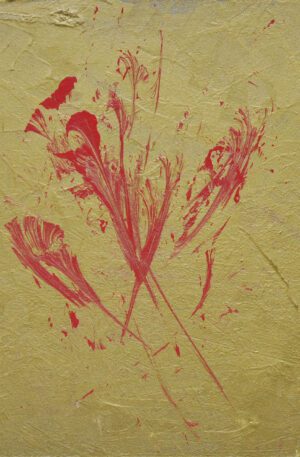 Originál, obraz s názvem "Otisk", akryl na desce, 20x20 cm, autor: Marie Pápolová. Abstraktní motiv se zlatými pigmenty v pozadí.