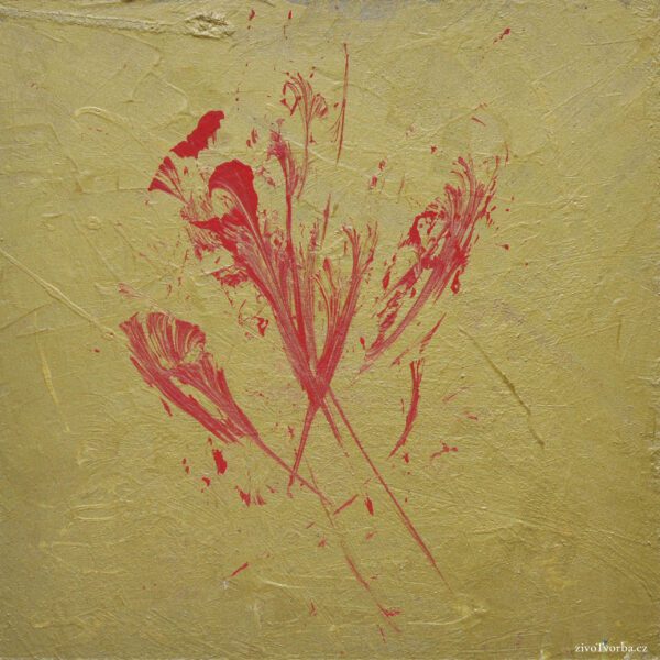 Originál, obraz s názvem "Otisk", akryl na desce, 20x20 cm, autor: Marie Pápolová. Abstraktní motiv se zlatými pigmenty v pozadí.
